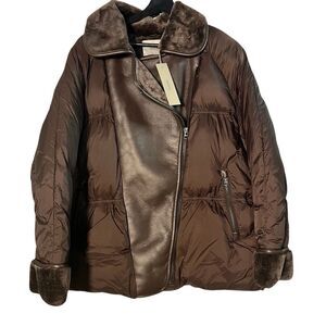 Hudson Moto Faux Leather Bomber Puffer Jacket Faux Fur Trim Cuff Sleeves Lg